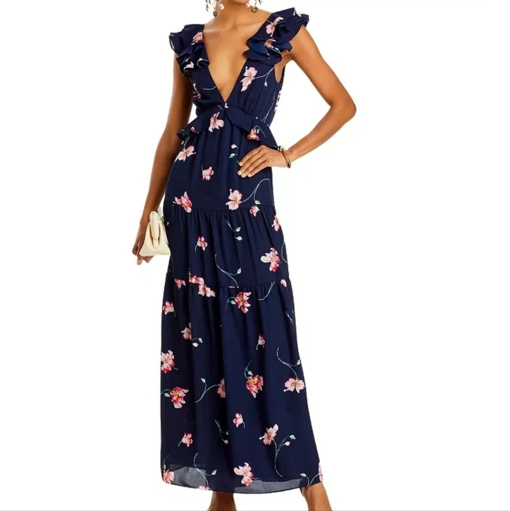 Aqua brand Floral Ruffle Navy Maxi Dress XXL